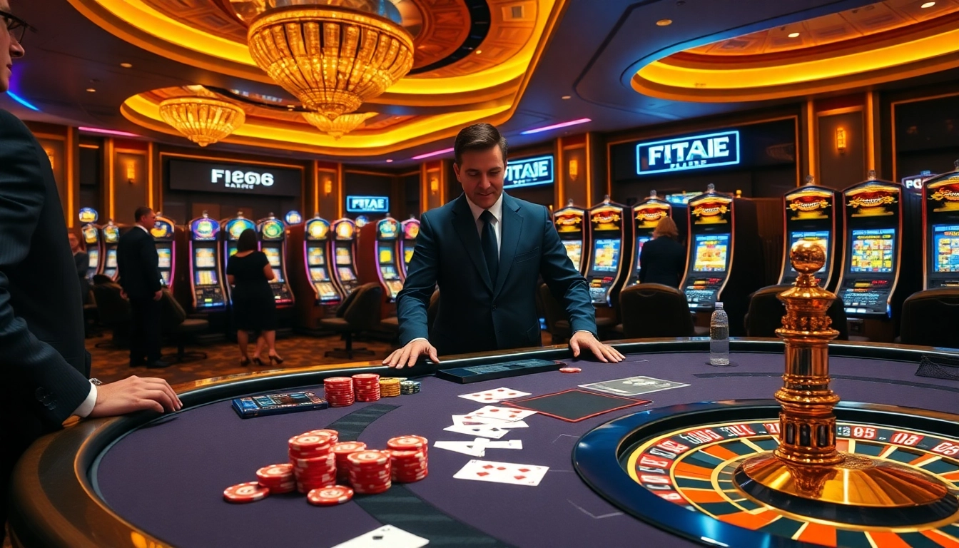 Players engaging at the F168 casino table with chips, cards, and roulette wheel.