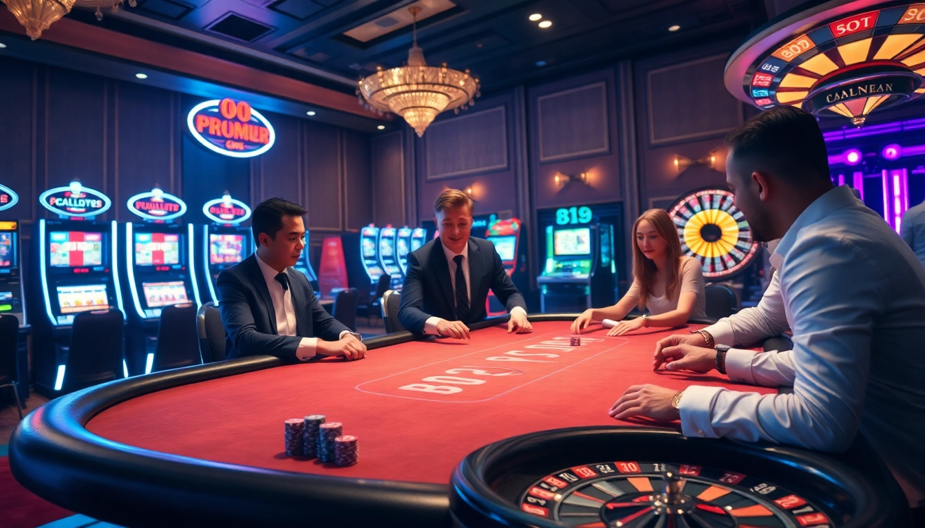 Engaged players at a luxurious fly88 poker table in an exciting casino atmosphere.