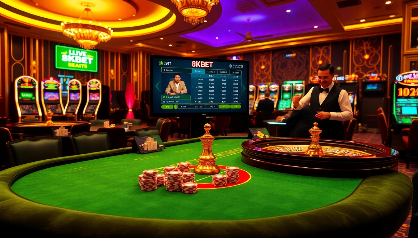 Engaging poker game at 8KBET with luxurious tables, chips, and roulette.