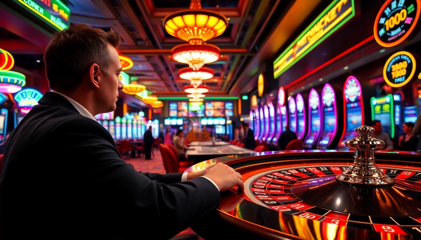 Joueur au casino en ligne concentré sur la roulette, illuminé par des lumières vives.