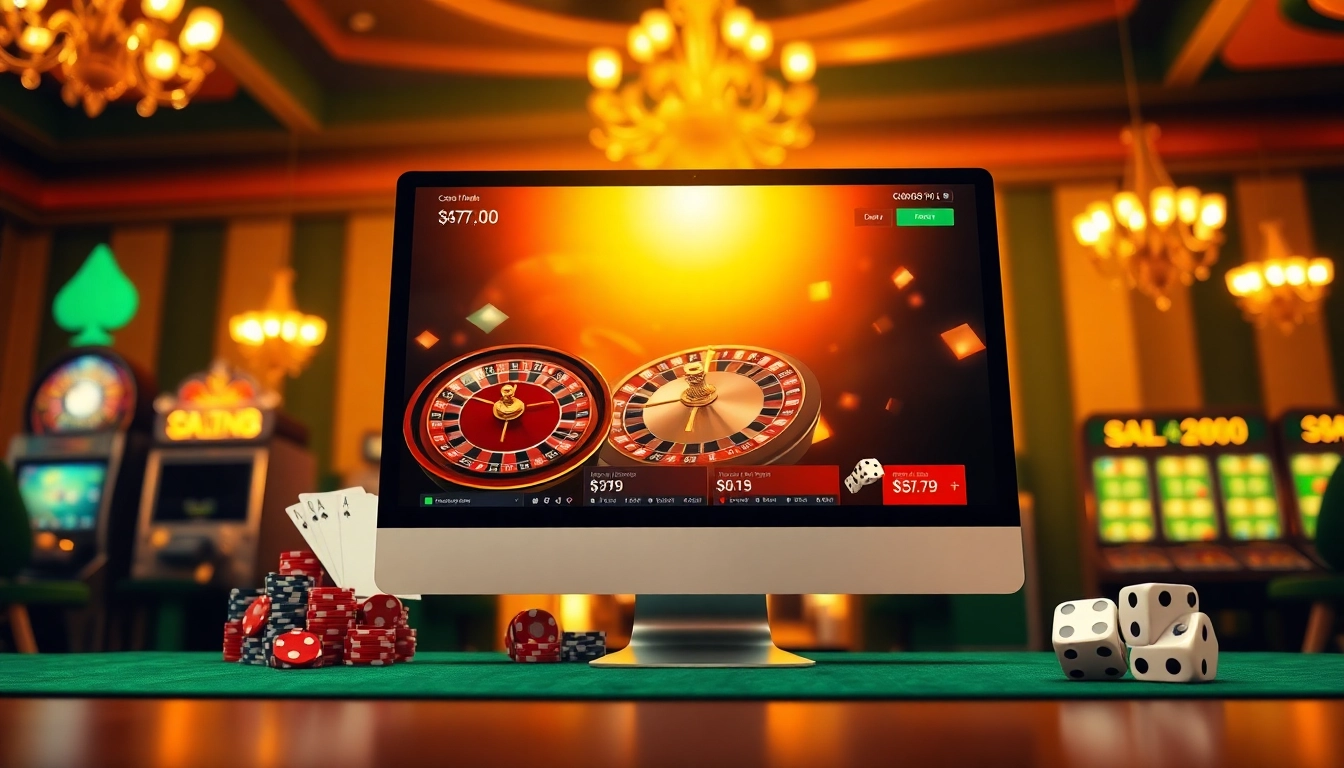 A luxurious online casino experience showcasing the best of casino en ligne france with engaging roulette, poker, and slot machine visuals.