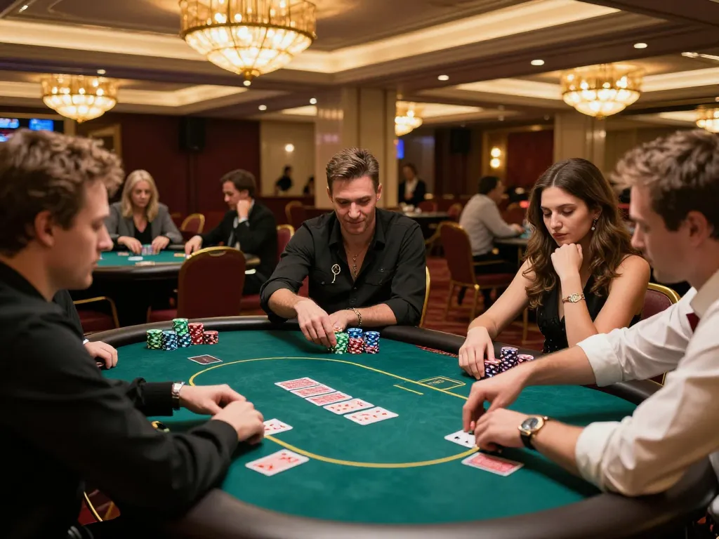 Players participating in an intense poker game at UU88 casino, highlighting strategy and luxury.