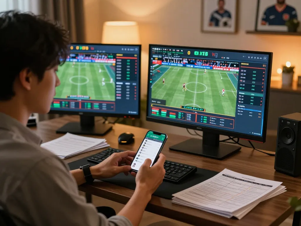 Engaged sports betting action at nhà cái o8 with multiple screens showing live events and betting odds.