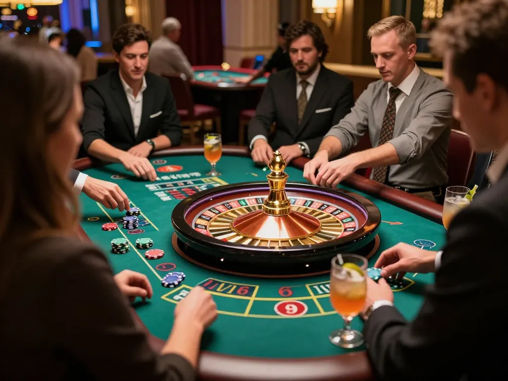 Engaging roulette gameplay at DEBET casino with players placing bets on a glamorous green felt table