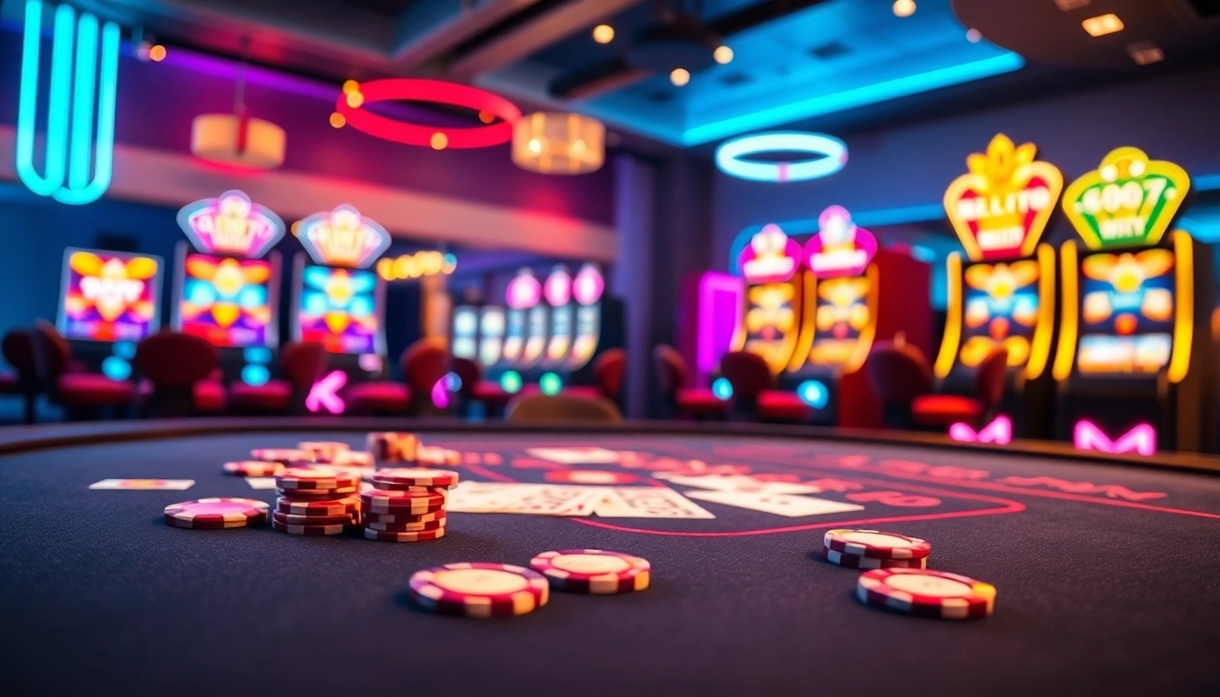 Joueurs profitant d'une expérience excitante de casino en ligne avec des cartes et des jetons colorés.