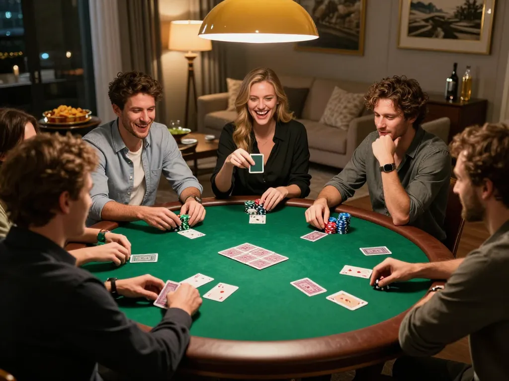 Friends enjoying an exciting poker game at home while using the oxbet app for strategy.