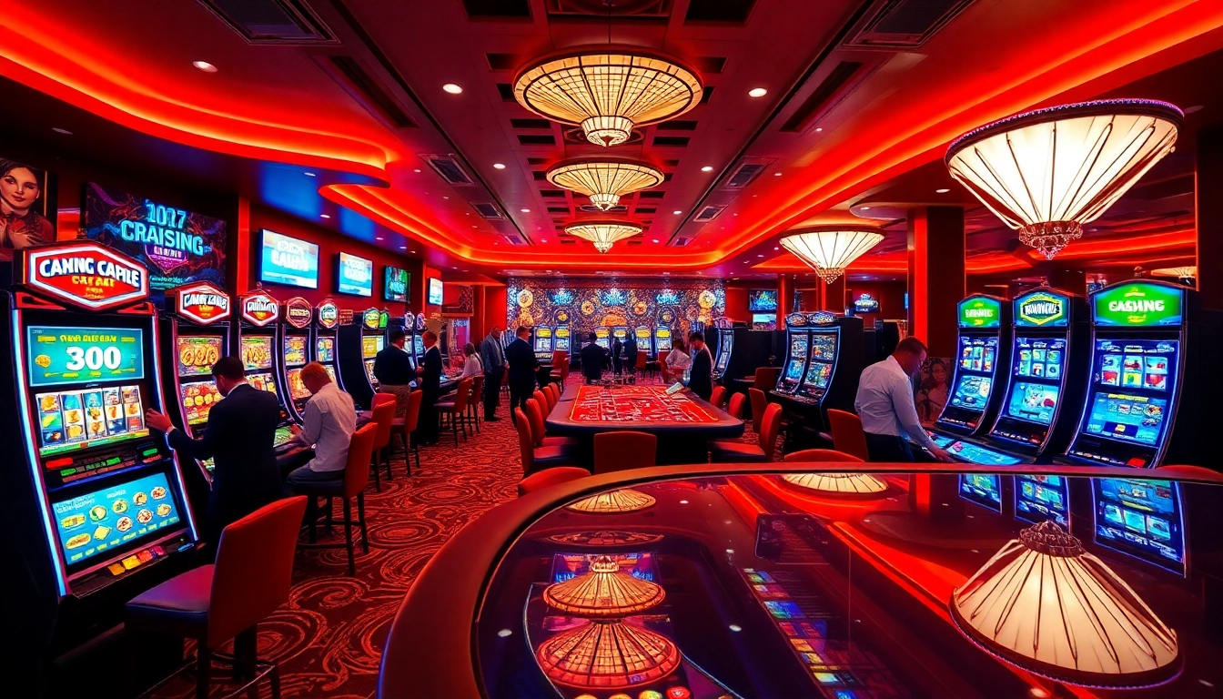 Jouer à casino en ligne dans un casino moderne avec des lumières vives et des joueurs engagés.