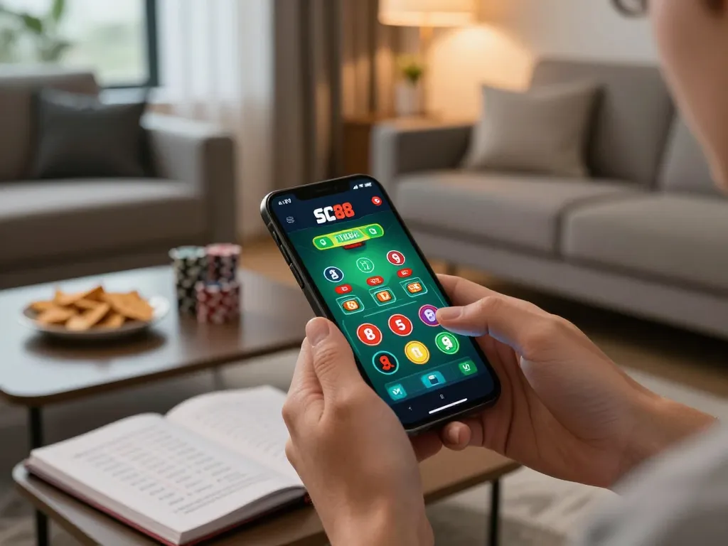 Player using the SC88 app on smartphone for poker betting with a cozy atmosphere.