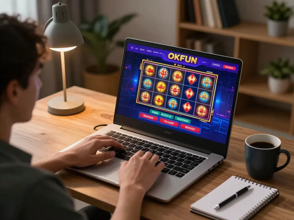 Player engaging with the OKFUN platform on their laptop, enjoying a dynamic online casino experience.
