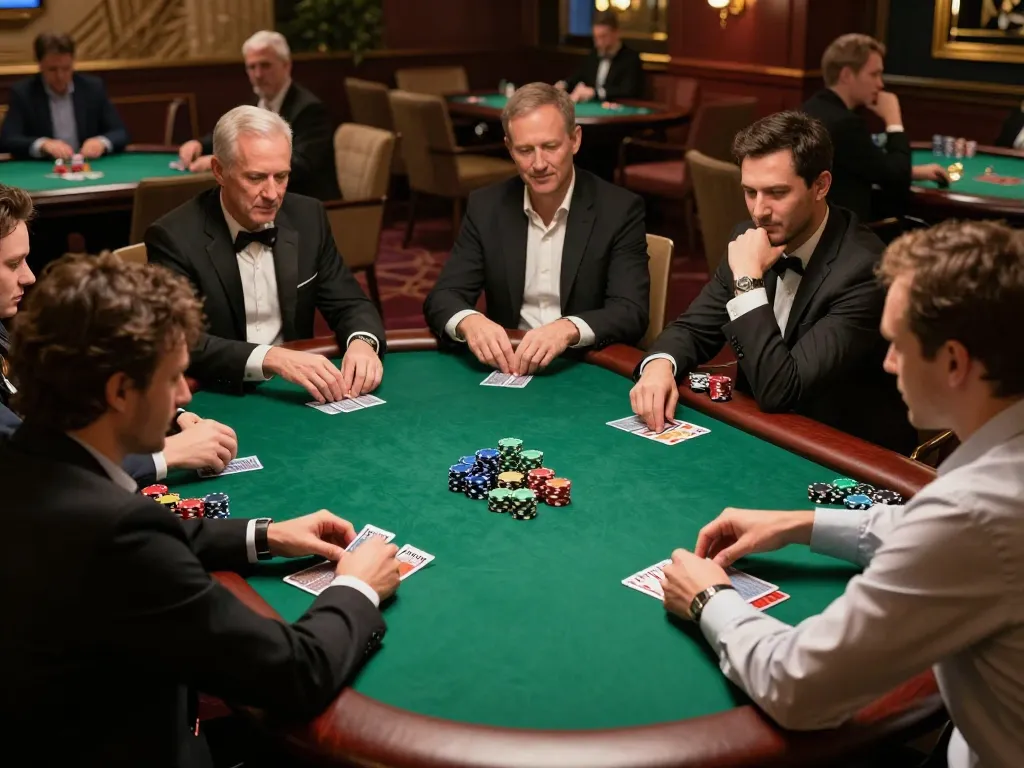 Players engaging in a strategic poker game at HITCLUB with vibrant chips and warm lighting.