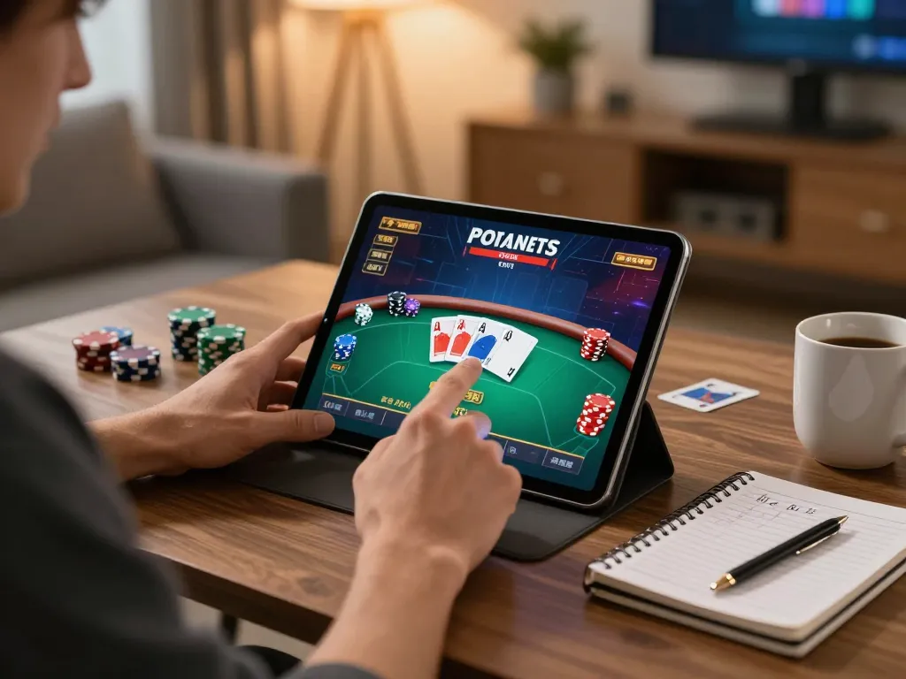 Participez à des jeux de poker en ligne sur ma-chance avec une interface immersive pour tablette, mettant en valeur des paris stratégiques.