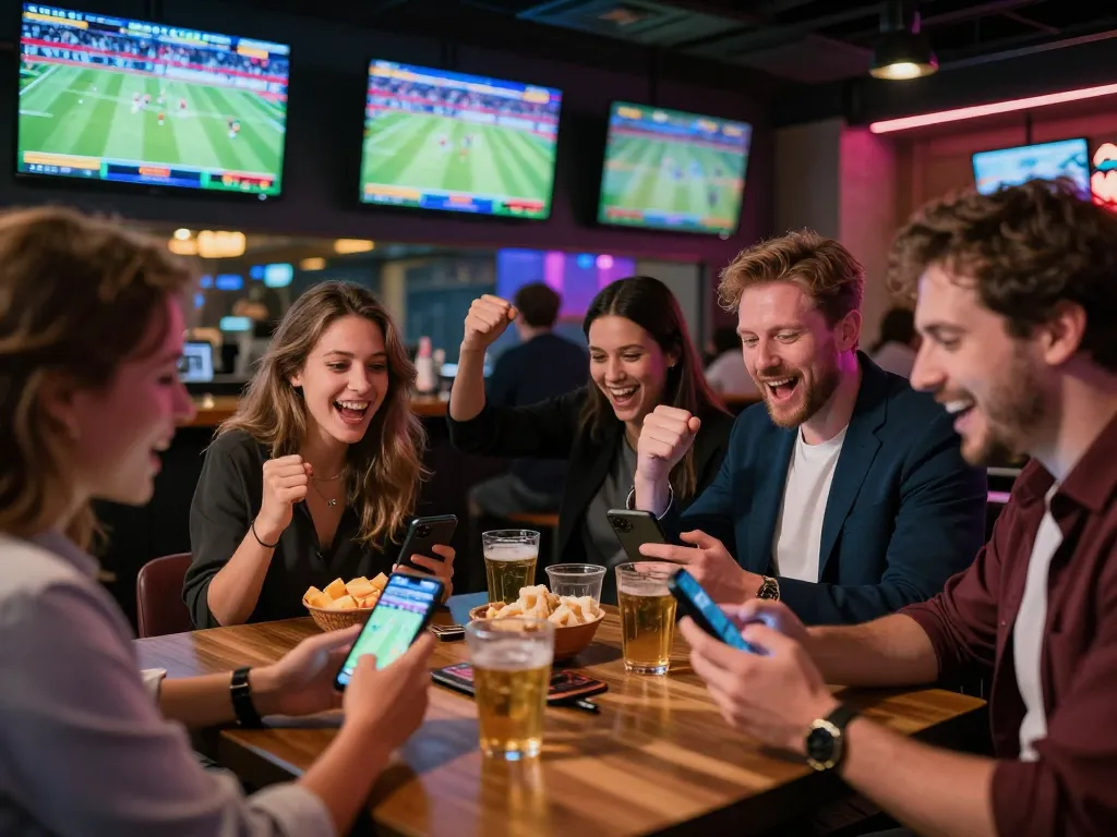 Excited sports bettors using qrcodegenerator1 app during live game in vibrant bar setting