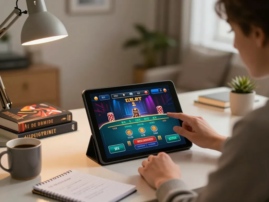 LC88 user enjoying online casino gaming at home with tablet and strategy notes