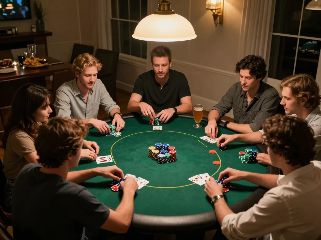 Friends playing poker during a home game night to strategize their plays on cm88betjuara
