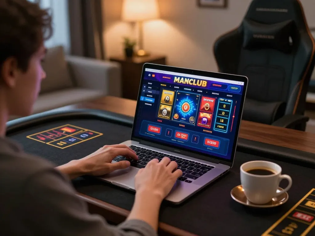 Player engaging with MANCLUB online casino on a laptop, showcasing vibrant game interface and cozy atmosphere.