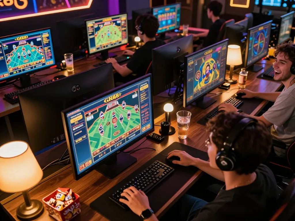 Engaging in GK88 online casino gaming with multiple screens and a focused atmosphere