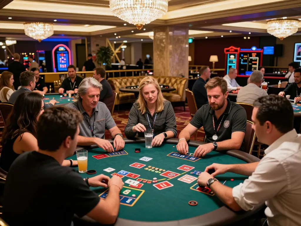 Experience high-stakes gameplay at a vibrant casino with fly88, as players analyze their blackjack hands.