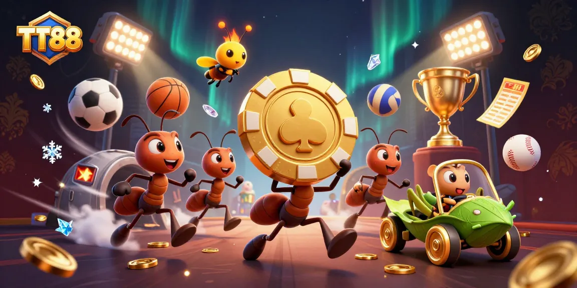 Experience thrilling gameplay at TT88 with dynamic ants on a heist surrounded by vibrant animated sports elements.