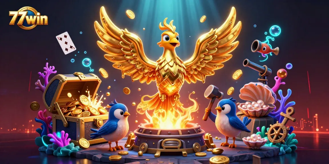 Engage with 77win's thrilling casino adventures featuring a golden phoenix and vibrant game elements.
