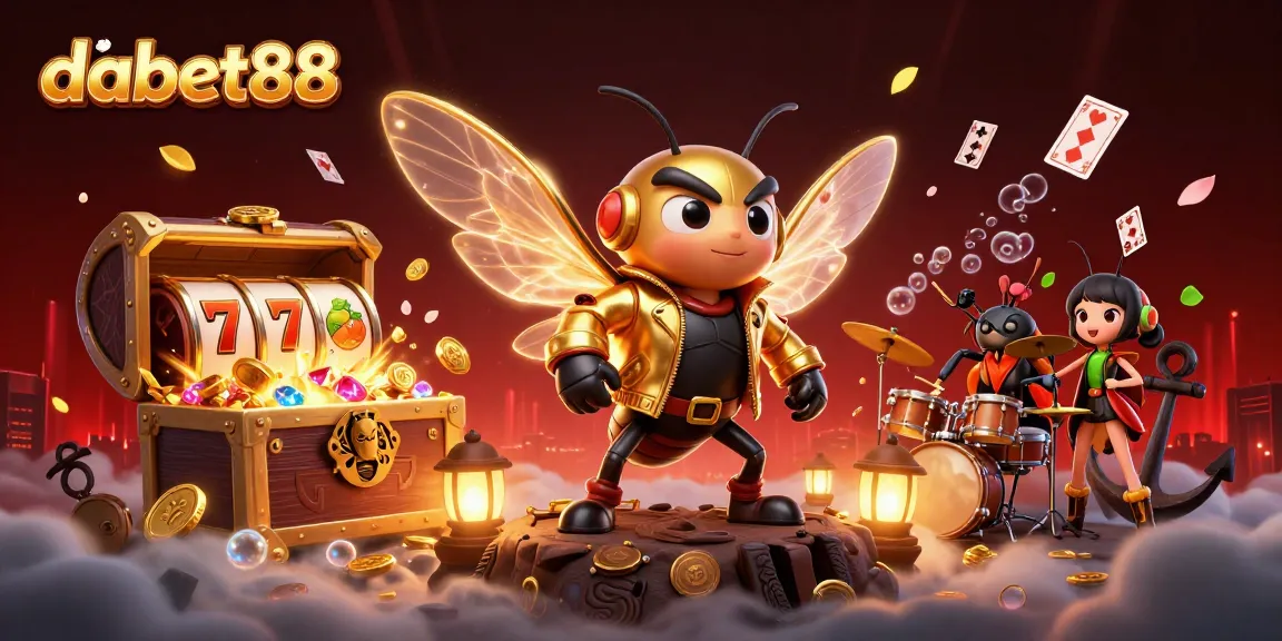 dabet88 brings excitement with a vibrant 3D scene featuring a cicada rock star, treasure, and playful casino elements.