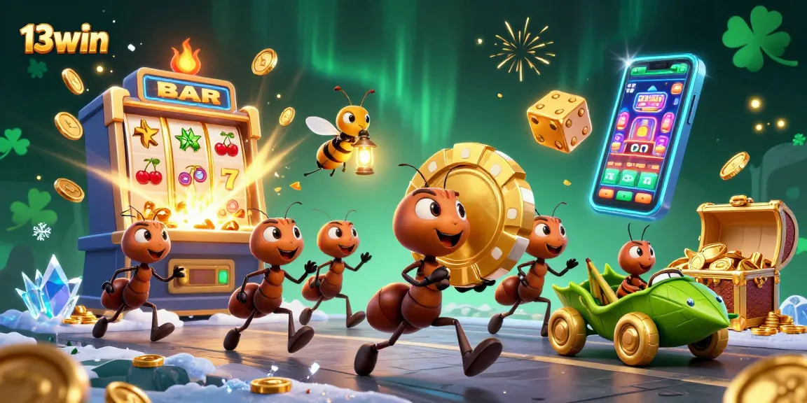 Join the fun at 13win as cartoon ants navigate a colorful casino heist amidst jackpot celebrations.