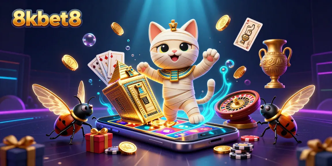 Play exciting games at 8kbet8 while enjoying a vibrant casino atmosphere, featuring a mummy cat and gold elements.