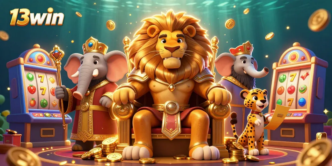 A vibrant 13win gaming scene with a lion king, elephant advisor, and cheetah messenger amidst casino elements.