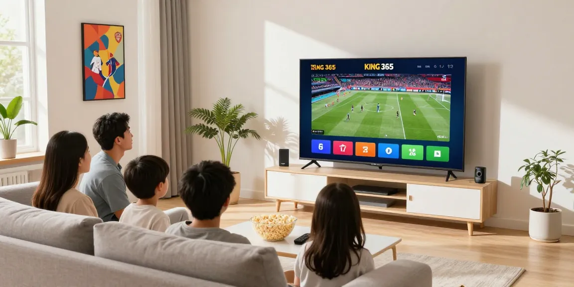 Family enjoying King 365 IPTV on a smart TV in a cozy living room.