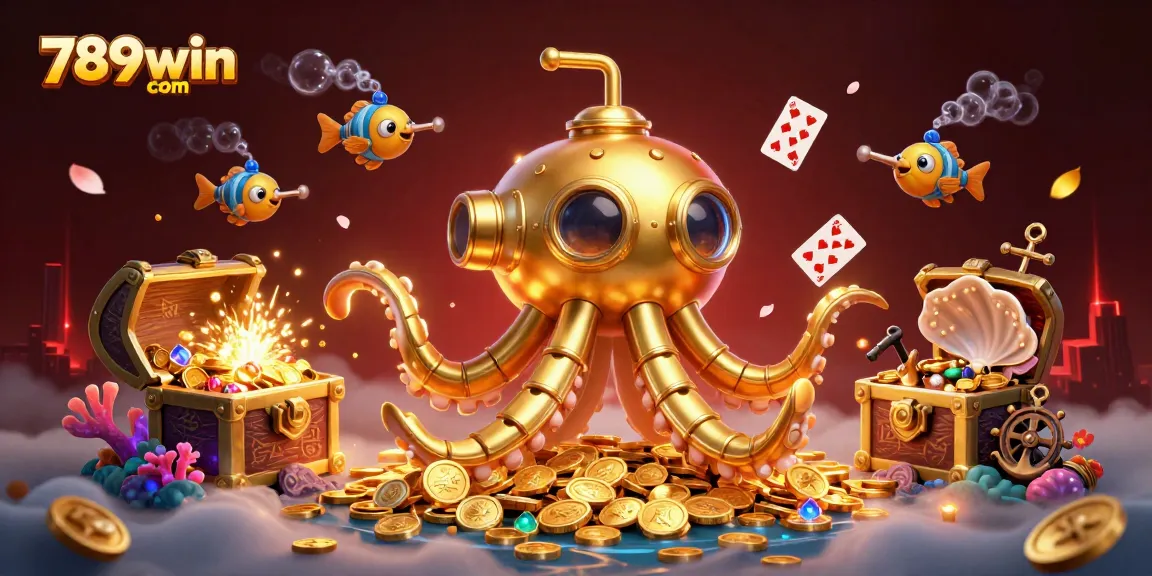 Experience excitement at 789win com, featuring a golden kraken and treasure among gaming treasures.