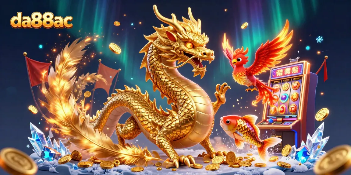 Experience thrilling gaming with da88ac's dazzling dragon and phoenix in a captivating casino scene.
