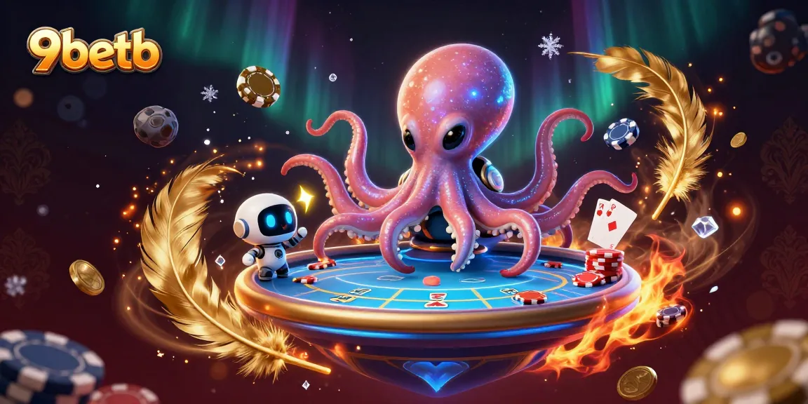 Engage in thrilling poker action at 9betb with a vibrant alien octopus and a robotic companion surrounded by immersive gaming elements.