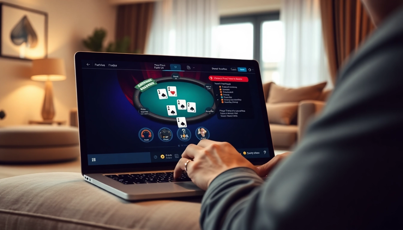 Application poker sur un ordinateur portable montrant un joueur concentré.