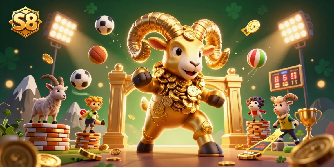 S8 players engage with sports betting elements featuring a dynamic ram and flying sports balls.
