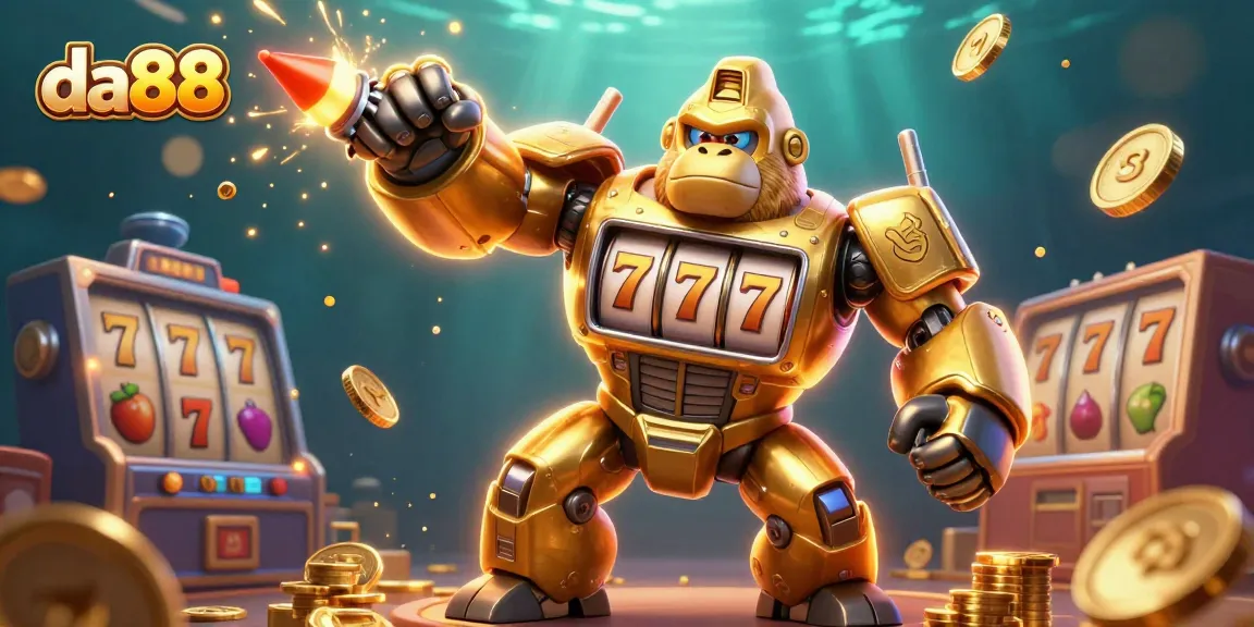 Bettors engage with da88, the thrilling slot game featuring a golden gorilla mech surrounded by jackpots and spinning reels.