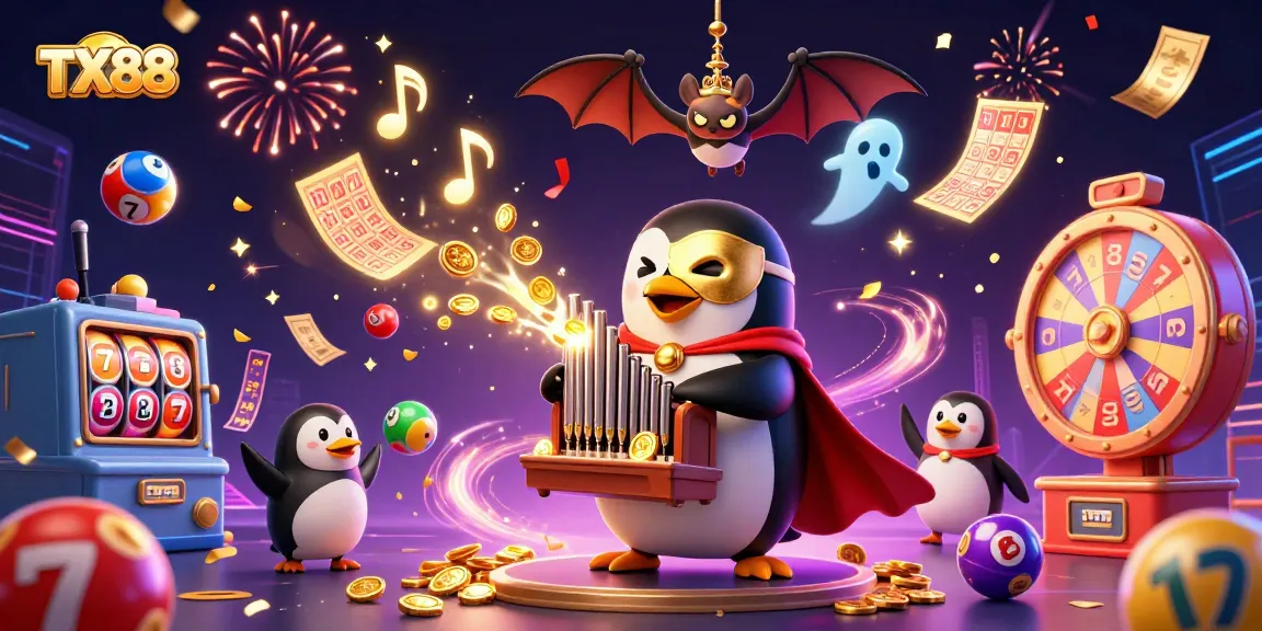 TX88 penguin playing organ with golden coins, surrounded by vibrant casino elements in a lively scene.