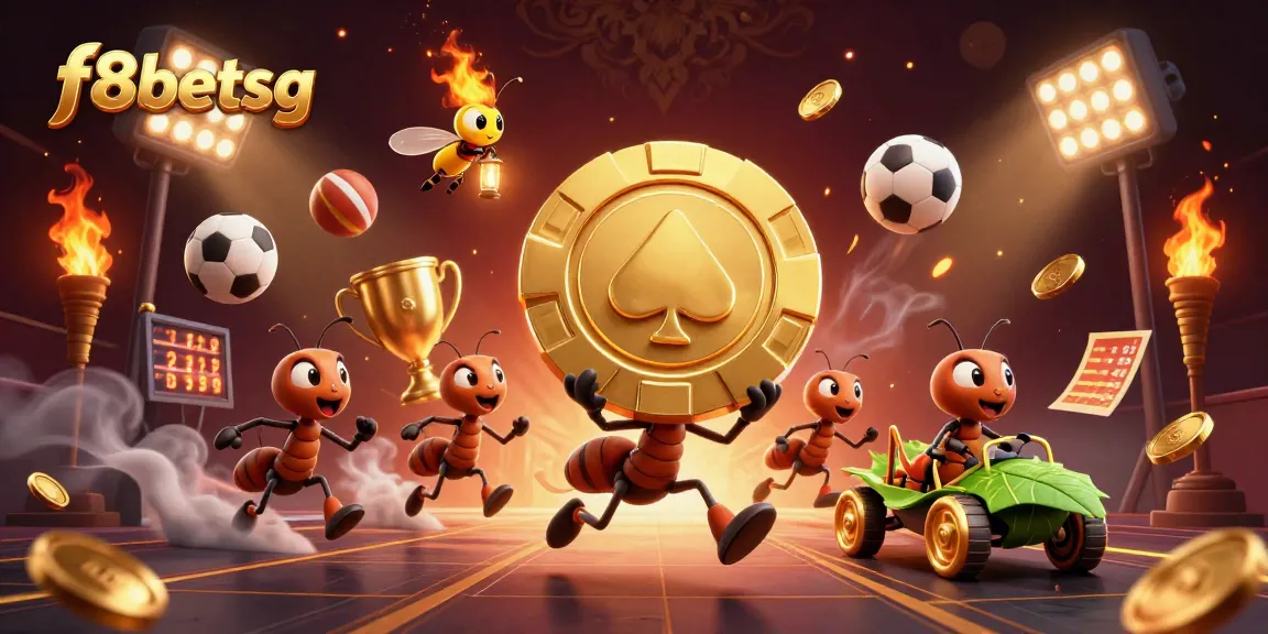 Engage in exciting action with f8betsg's lively gambling scene featuring ants carrying a giant poker chip.