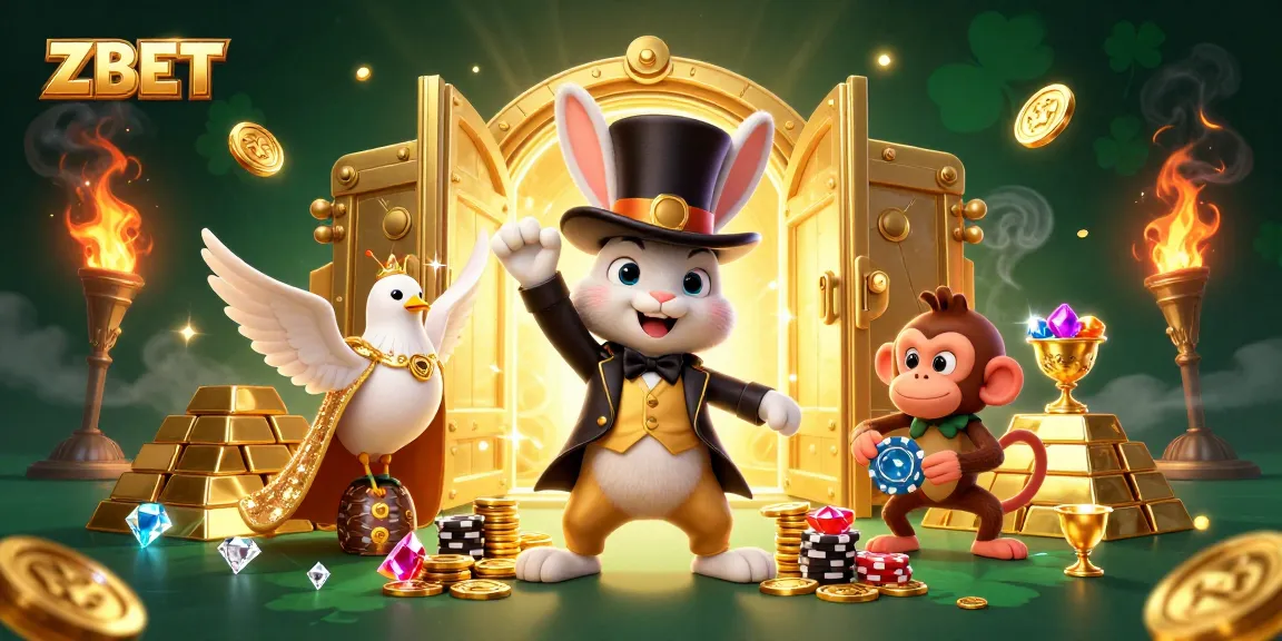 ZBET showcases a vibrant scene of a magician rabbit with coins, a glamorous dove, and a cheeky monkey among treasures.