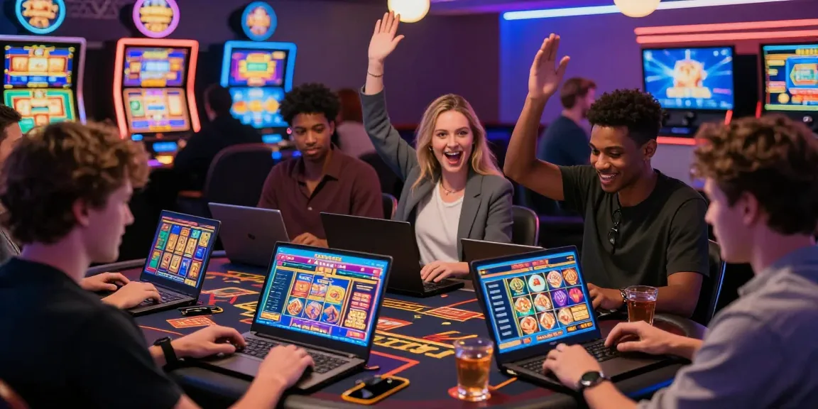 Joueurs s'animant autour de casinos en ligne avec jeux variés et écrans lumineux, illustrant l'expérience captivante du casino en ligne.