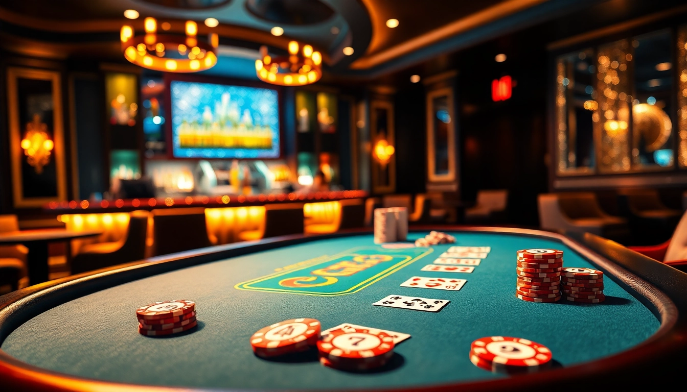 Vibrant casino en ligne scene featuring an elegant poker table with colorful chips.