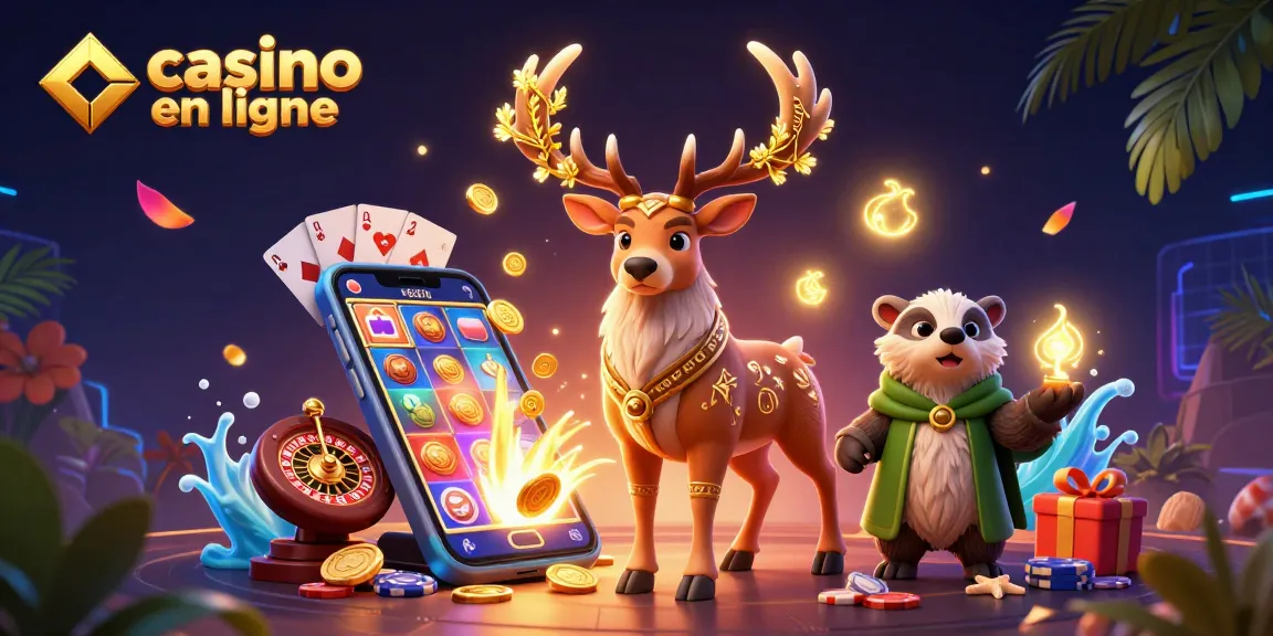 Animations passionnantes de casino en ligne avec un druid majestueux et un blaireau sage entourés de jeux, cartes et jetons colorés.