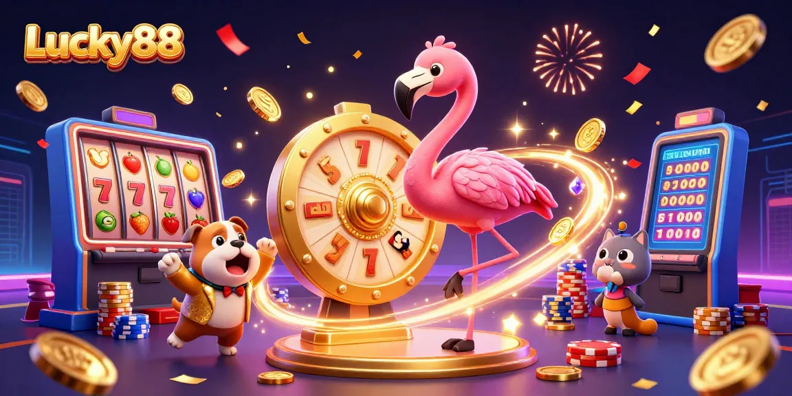 Experience thrilling slots action at Lucky88 with colorful casino characters and sparkling winnings!