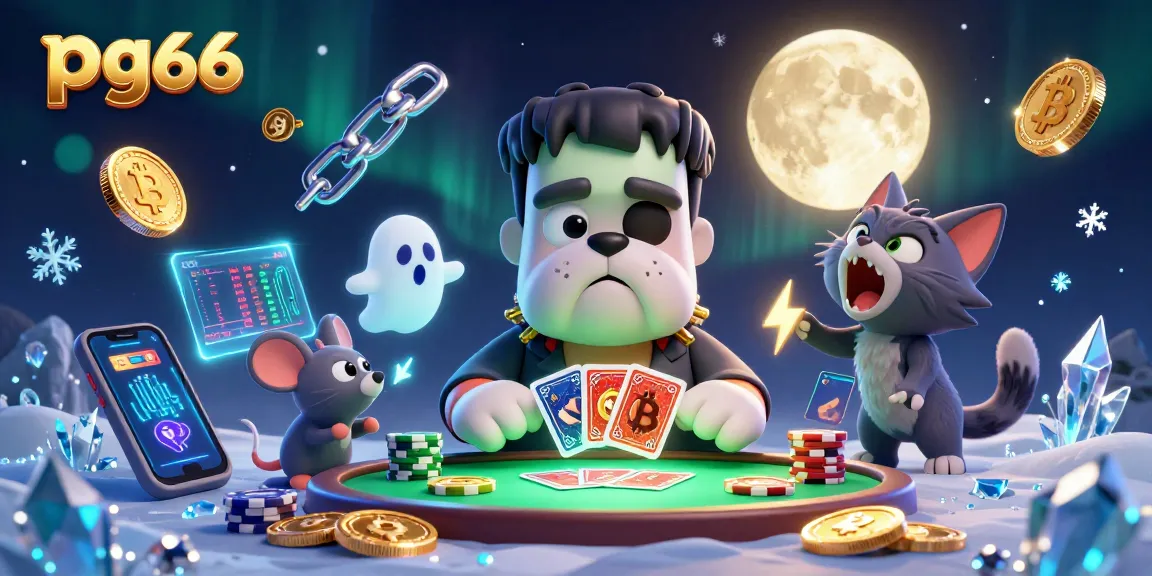 Engage with pg66 as a Frankenstein bulldog deals cards amid crypto coins in a bustling casino scene.