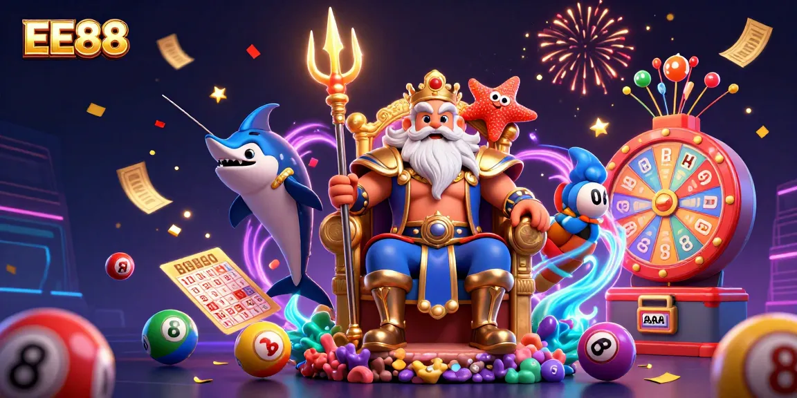 Experience thrilling EE88 casino action with Neptune and vibrant lottery elements in a festive scene.