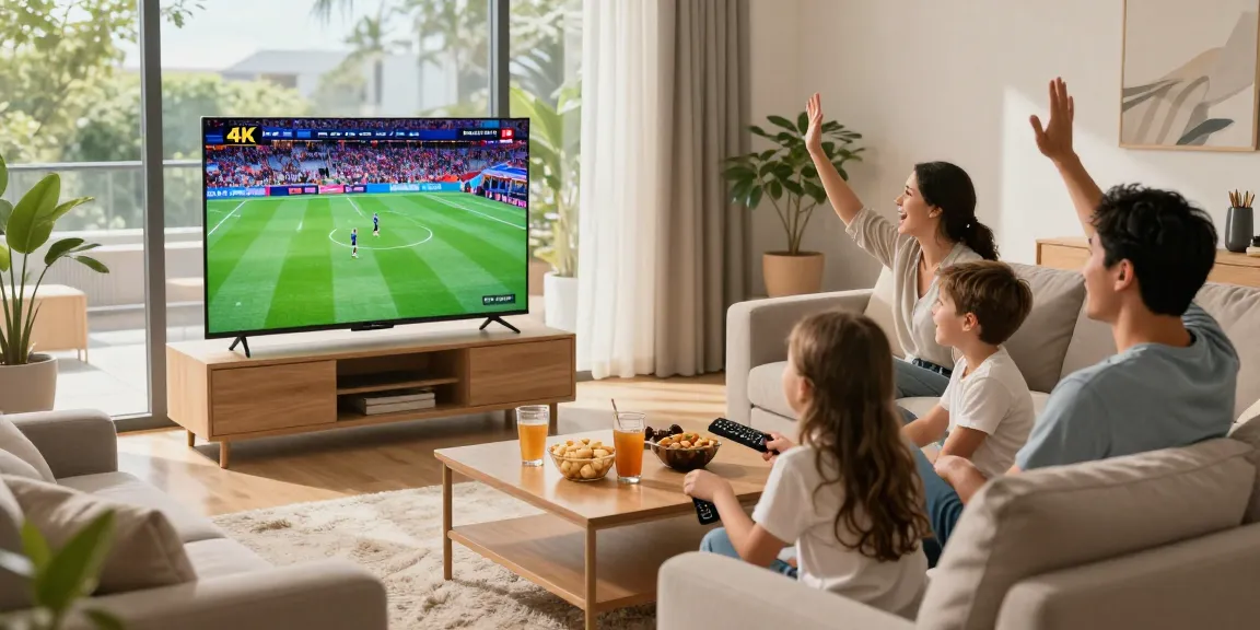 Famille profitant de l'abonnement iptv dans un salon lumineux, regardant un événement sportif en 4K.