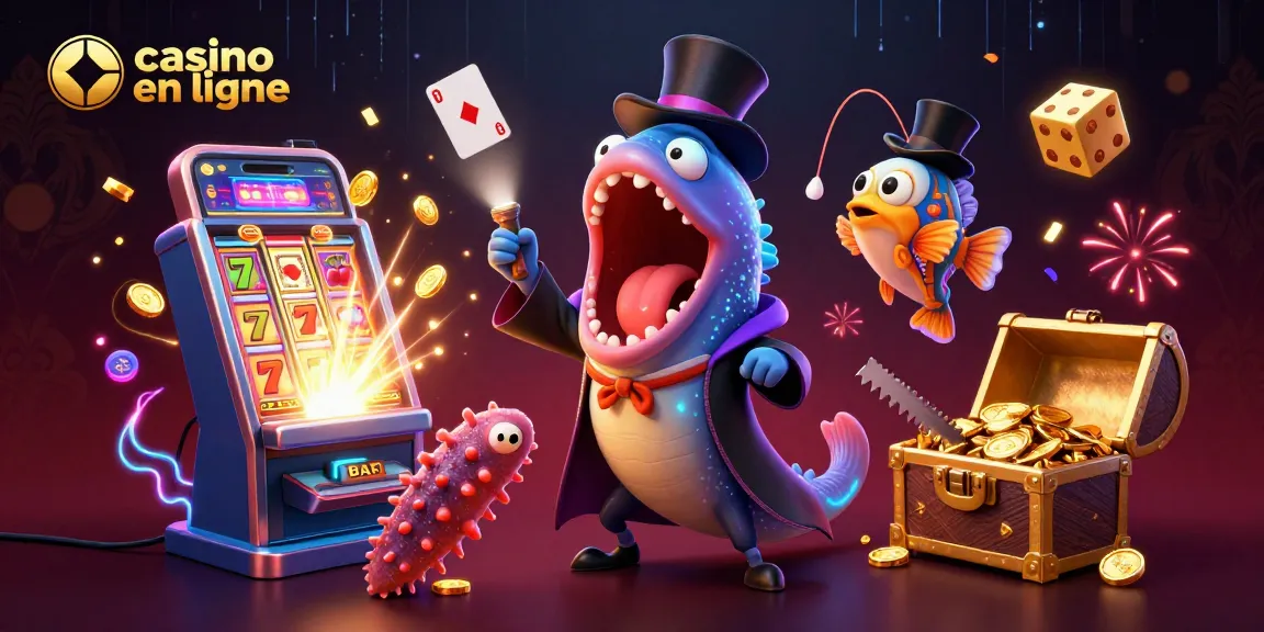 Visuel coloré de casino en ligne avec des personnages fantastiques et une machine à sous explosant de pièces d'or.