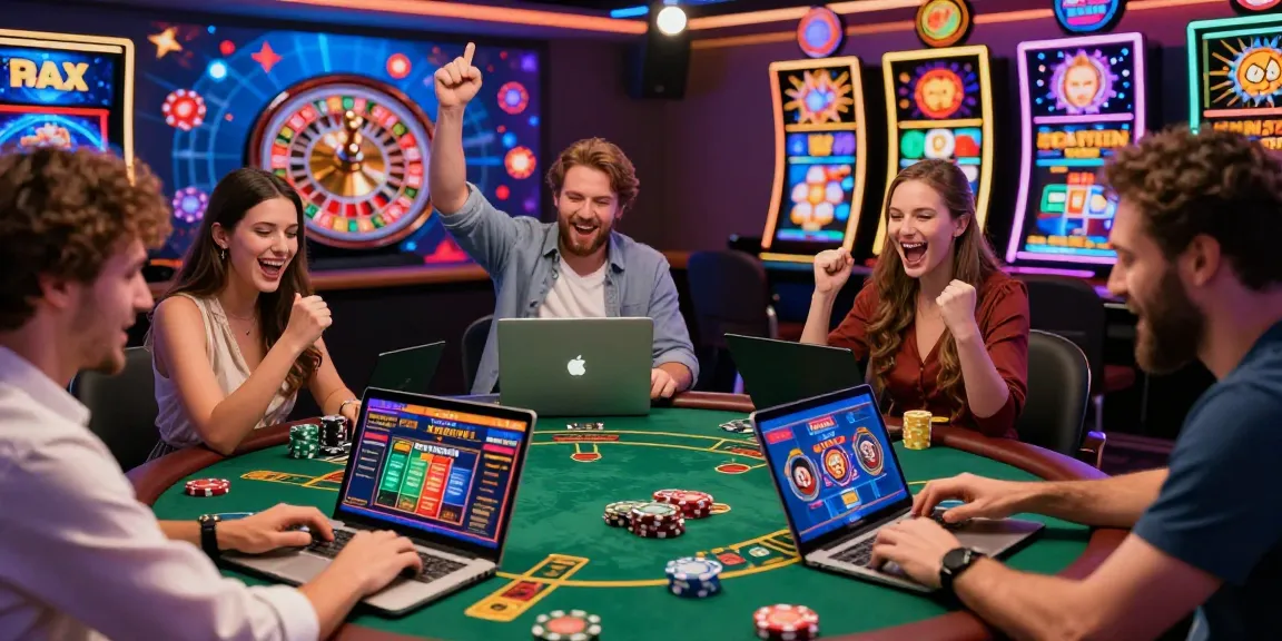 Joueurs engagés sur un casino en ligne vif, profitant de jeux de poker et de blackjack avec une ambiance animée.