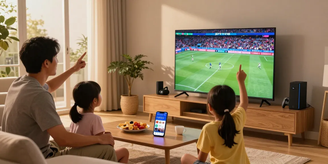 Regardez la TV autrement avec abonnement IPTV sur grand écran, famille heureuse devant le téléviseur.