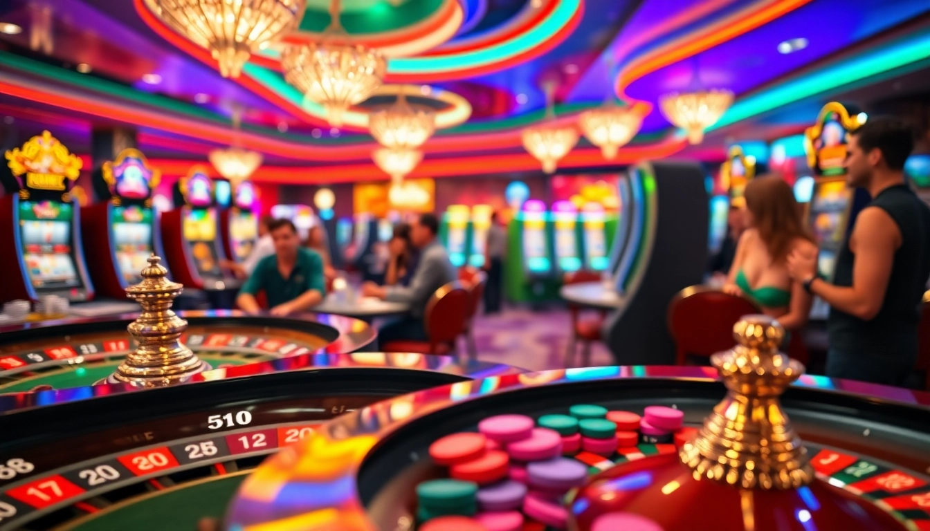Joueurs captivés dans un casino en ligne, ambiance lumineuse et couleurs vives.