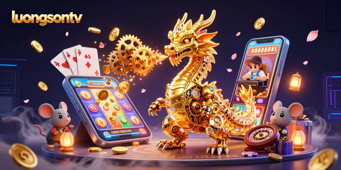 Experience thrilling gameplay with luongsontv as the golden dragon breathes gears and cogs amidst vibrant casino elements.