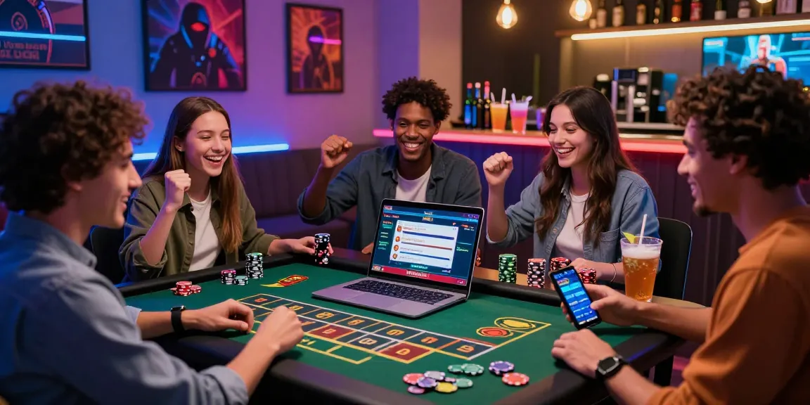 Scène de casino en ligne où des amis célèbrent leurs gains tout en jouant à la roulette, ambiance festive et moderne.